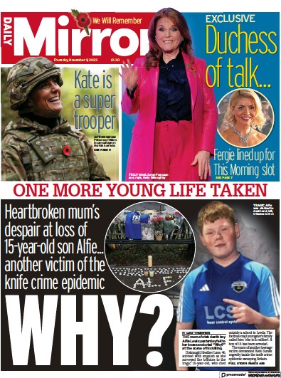 Daily Mirror Newspaper Front Page (UK) for 9 November 2023