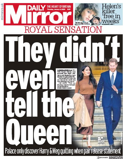 Daily Mirror Newspaper Front Page (UK) for 9 January 2020