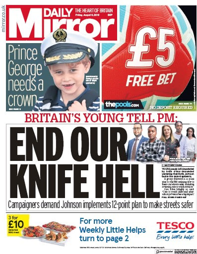 Daily Mirror Newspaper Front Page (UK) for 9 August 2019