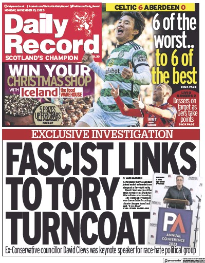 Daily Record Newspaper Front Page (UK) for 13 November 2023
