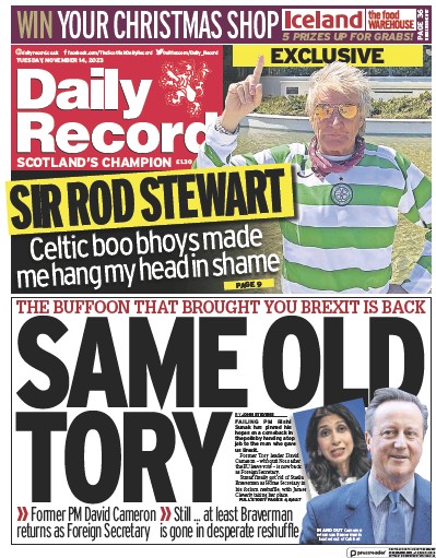 Daily Record Newspaper Front Page (UK) for 14 November 2023