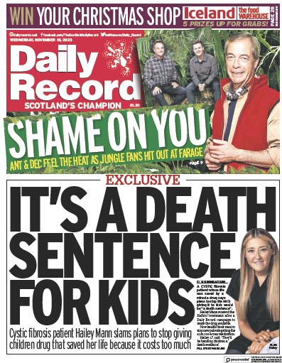 Daily Record Newspaper Front Page (UK) for 15 November 2023