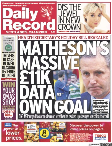Daily Record Newspaper Front Page (UK) for 16 November 2023