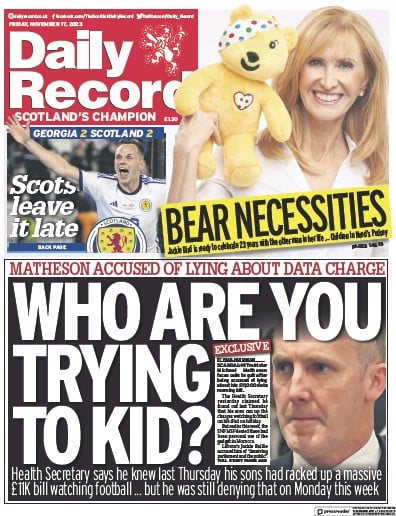 Daily Record Newspaper Front Page (UK) for 17 November 2023
