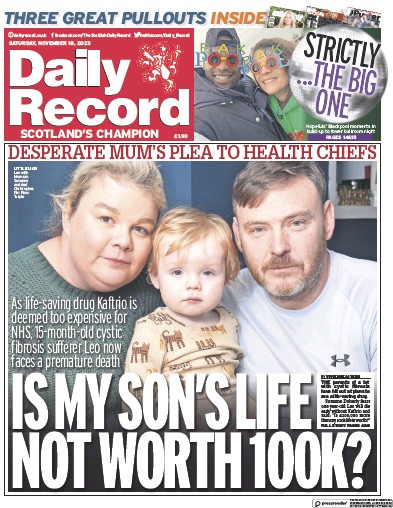 Daily Record Newspaper Front Page (UK) for 18 November 2023