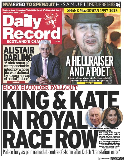 Daily Record Newspaper Front Page (UK) for 1 December 2023