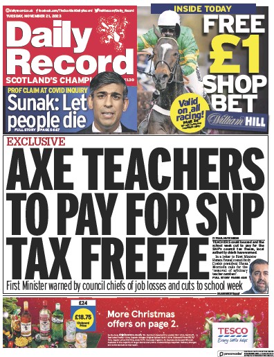 Daily Record Newspaper Front Page (UK) for 21 November 2023