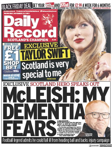 Daily Record Newspaper Front Page (UK) for 22 November 2023