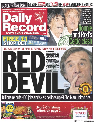 Daily Record Newspaper Front Page (UK) for 23 November 2023