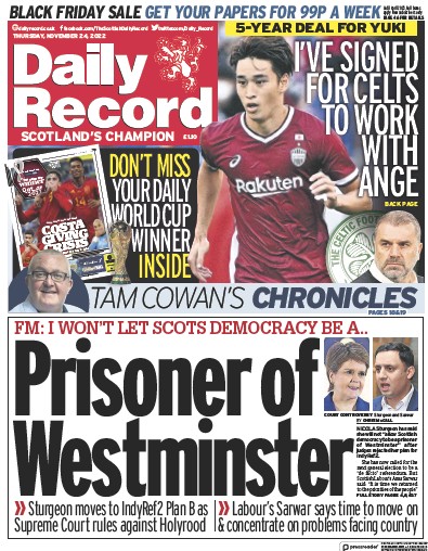 Daily Record Newspaper Front Page (UK) for 24 November 2022