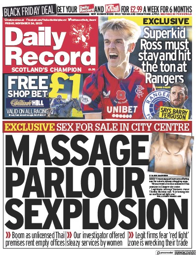 Daily Record Newspaper Front Page (UK) for 24 November 2023