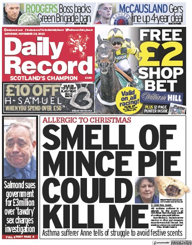Daily Record Newspaper Front Page (UK) for 25 November 2023