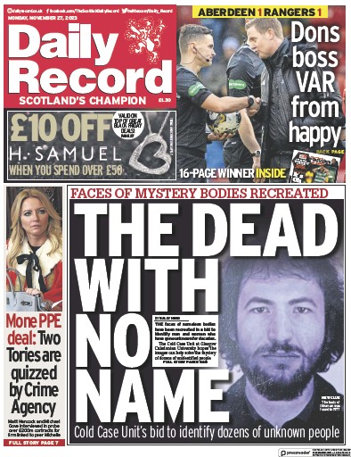 Daily Record Newspaper Front Page (UK) for 27 November 2023