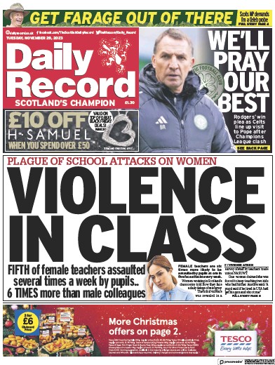 Daily Record Newspaper Front Page (UK) for 28 November 2023