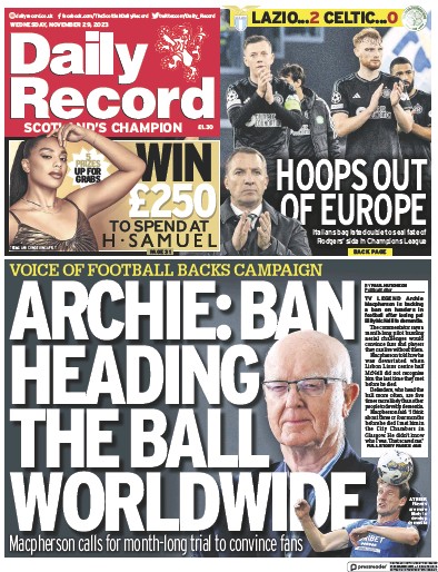 Daily Record Newspaper Front Page (UK) for 29 November 2023