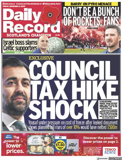 Daily Record Newspaper Front Page (UK) for 3 November 2023