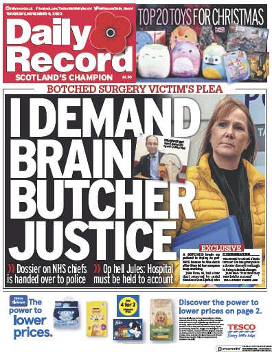 Daily Record Newspaper Front Page (UK) for 9 November 2023