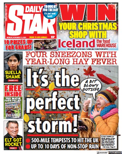 Daily Star Newspaper Front Page (UK) for 13 November 2023