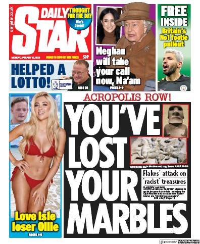 Daily Star Newspaper Front Page (UK) for 13 January 2020