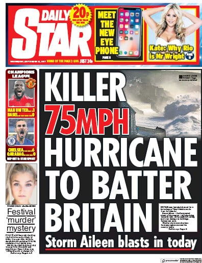 Daily Star Newspaper Front Page (UK) for 13 September 2017