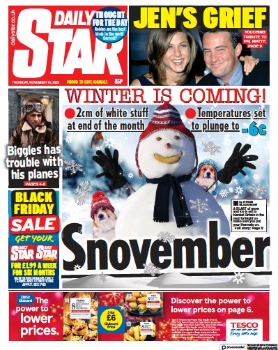 Daily Star Newspaper Front Page (UK) for 16 November 2023