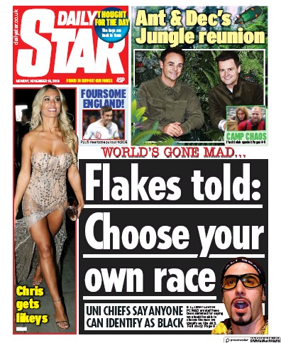 Daily Star Newspaper Front Page (UK) for 18 November 2019
