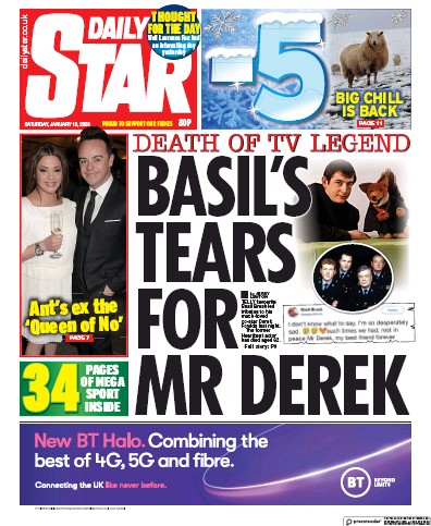 Daily Star Newspaper Front Page (UK) for 18 January 2020