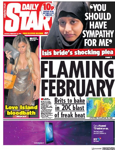 Daily Star Newspaper Front Page (UK) for 18 February 2019