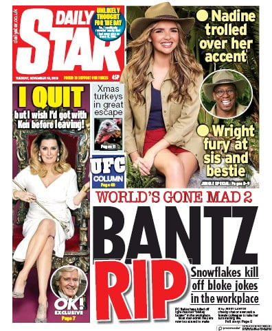 Daily Star Newspaper Front Page (UK) for 19 November 2019