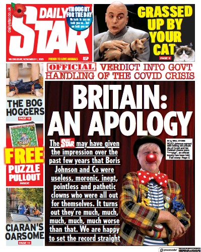 Daily Star Newspaper Front Page (UK) for 1 November 2023