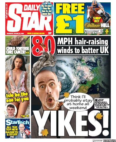 Daily Star Newspaper Front Page (UK) for 20 August 2020