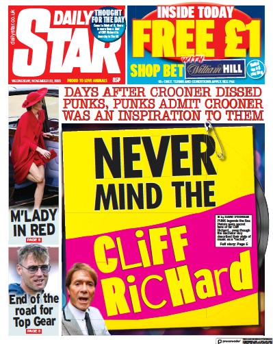 Daily Star Newspaper Front Page (UK) for 22 November 2023