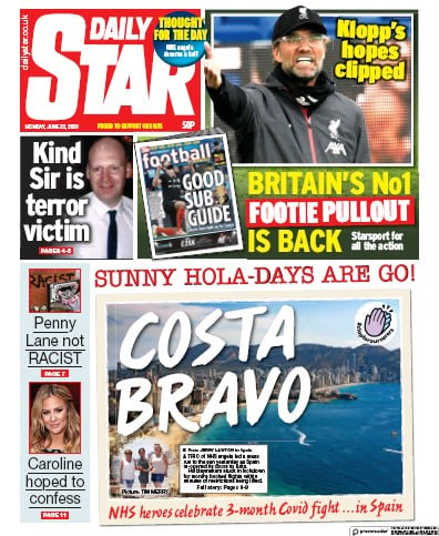 Daily Star Newspaper Front Page (UK) for 22 June 2020