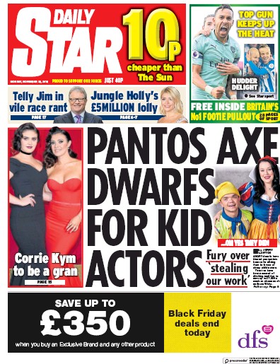 Daily Star Newspaper Front Page (UK) for 27 November 2018