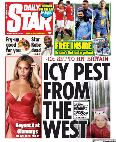 Daily Star Newspaper Front Page (UK) for 27 January 2020