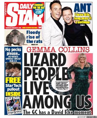 Daily Star Newspaper Front Page (UK) for 27 February 2020
