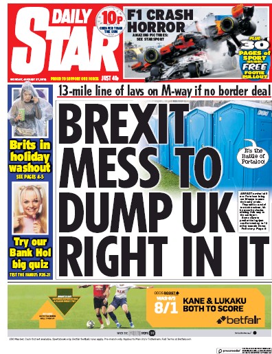 Daily Star Newspaper Front Page (UK) for 27 August 2018