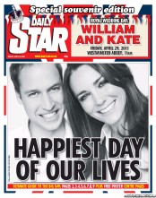 Daily Star (UK) Newspaper Front Page for 29 April 2011