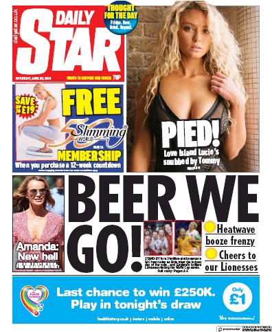 Daily Star Newspaper Front Page (UK) for 29 June 2019
