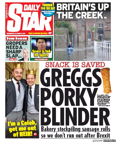 Daily Star Newspaper Front Page (UK) for 2 October 2019