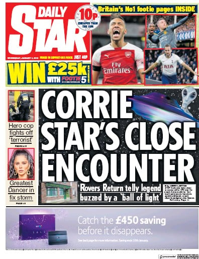 Daily Star Newspaper Front Page (UK) for 2 January 2019
