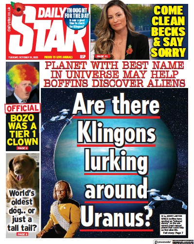 Daily Star Newspaper Front Page (UK) for 31 October 2023