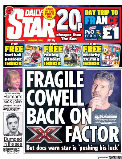 Daily Star Newspaper Front Page (UK) for 4 November 2017