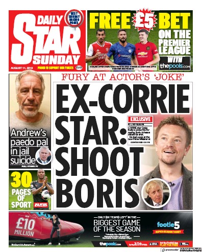 Daily Star Sunday Newspaper Front Page (UK) for 11 August 2019