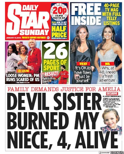 Daily Star Sunday Newspaper Front Page (UK) for 13 January 2019