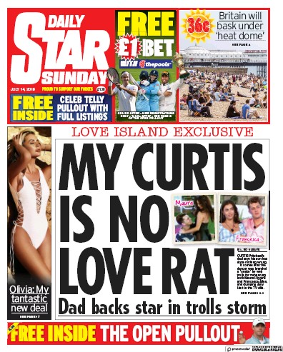 Daily Star Sunday Newspaper Front Page (UK) for 14 July 2019