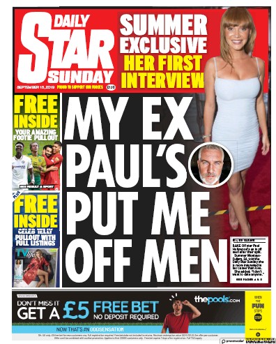 Daily Star Sunday Newspaper Front Page (UK) for 15 September 2019