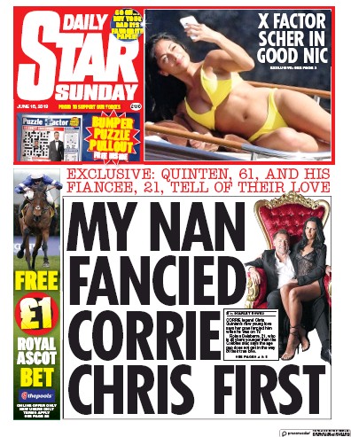 Daily Star Sunday Newspaper Front Page (UK) for 16 June 2019