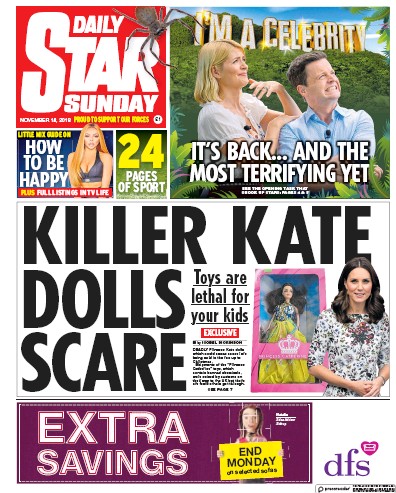 Daily Star Sunday Newspaper Front Page (UK) for 18 November 2018