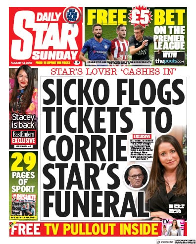Daily Star Sunday Newspaper Front Page (UK) for 18 August 2019